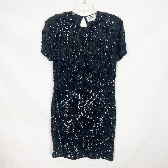 NiteLine Vintage Short Sleeve Beaded Sequin Black Dress Size 10 - Picture 1 of 7